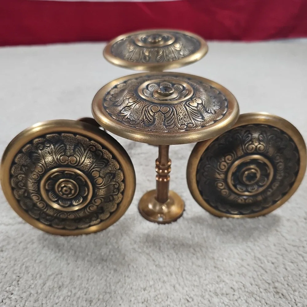 Mid Century Solid Brass Curtain Tiebacks Rope Medallion Floral Round Set 4 Vtg
